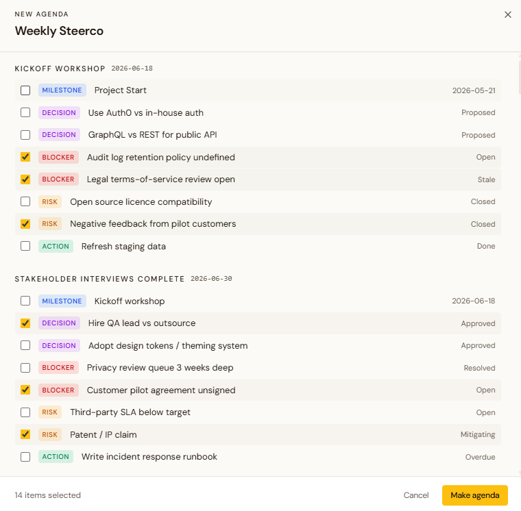 Causr agenda builder showing a Weekly Steerco with selected milestones, decisions, blockers, risks and actions